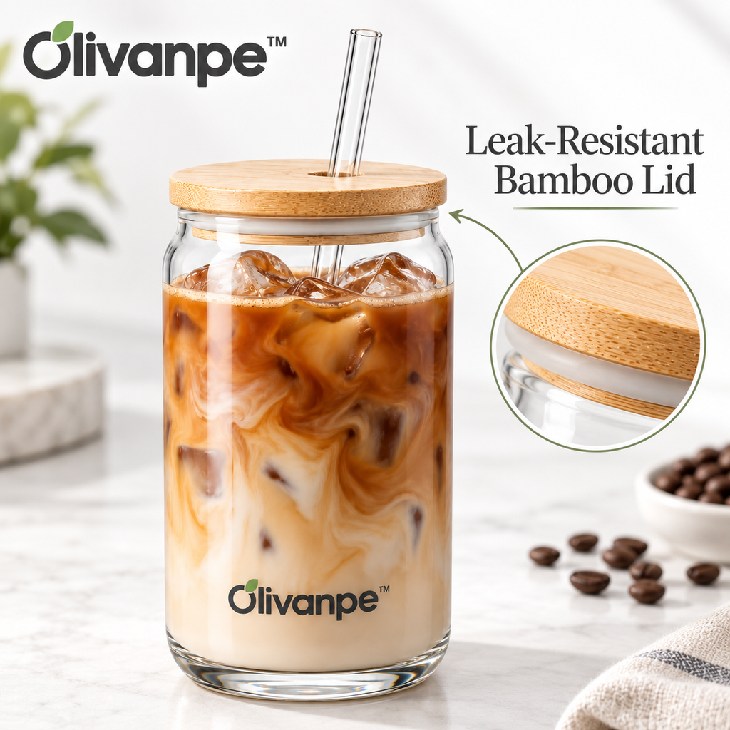 Olivanpe™ Everyday Glass Tumbler with Lid & Straw – Clear Reusable Drinking Cup for Home, Office & On-the-Go Use