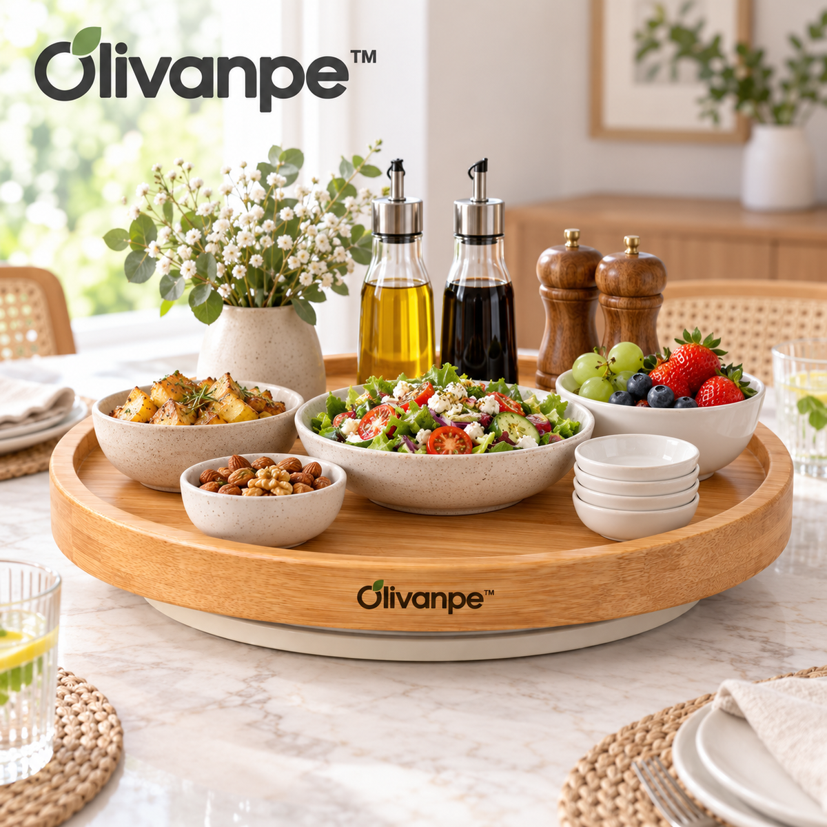 Olivanpe™ 360° Rotating Dining Table Tray – Smooth-Turn Serving Organizer for Family Meals, Parties & Everyday Entertaining