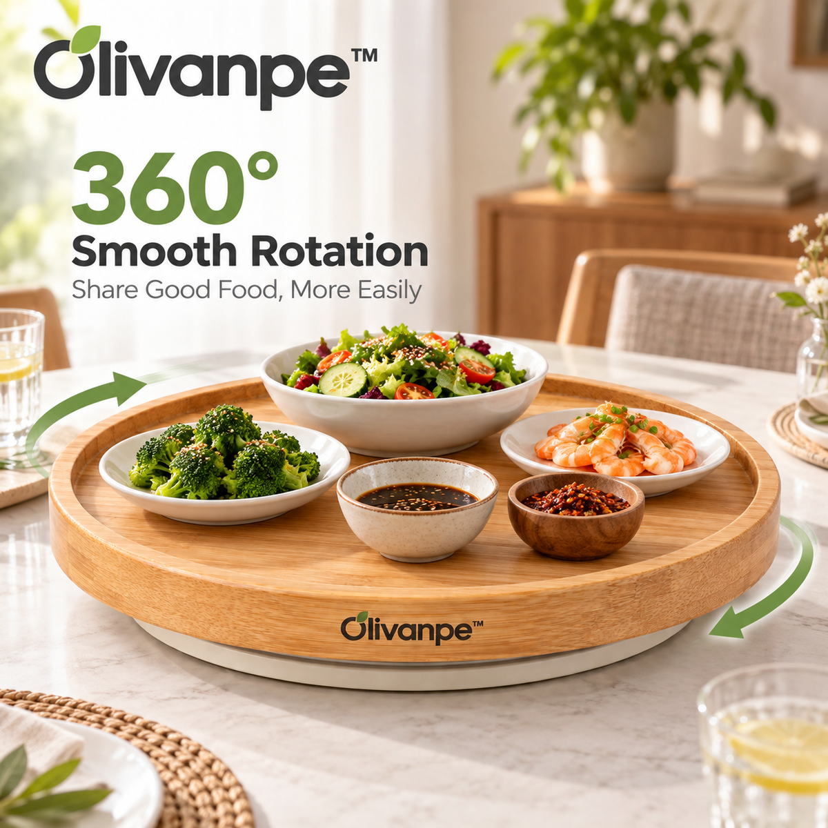 Olivanpe™ 360° Rotating Dining Table Tray – Smooth-Turn Serving Organizer for Family Meals, Parties & Everyday Entertaining