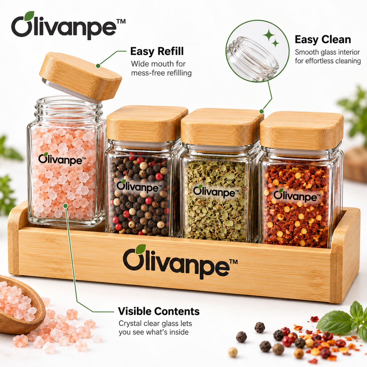 Olivanpe™ Seasoning Bottle Set – Refillable Spice & Condiment Dispensers with Organized Countertop Storage