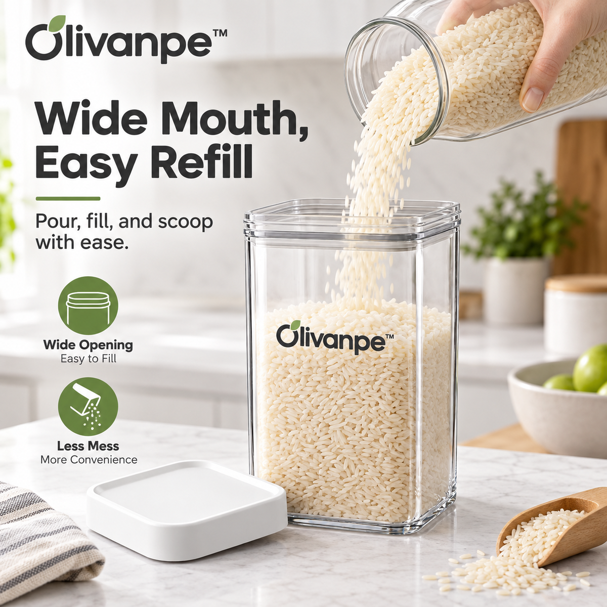 Olivanpe™ Airtight Grain Storage Canister – Clear Pantry Organizer for Rice, Cereal, Flour & Dry Goods