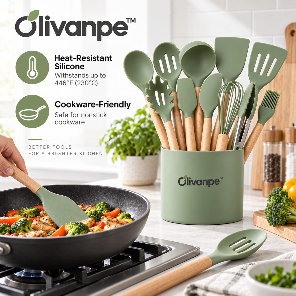 Olivanpe™ 14-Piece Heat-Resistant Silicone Kitchen Utensil Set with Storage Holder