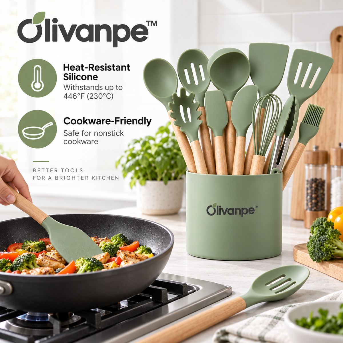 Olivanpe™ 14-Piece Heat-Resistant Silicone Kitchen Utensil Set with Storage Holder