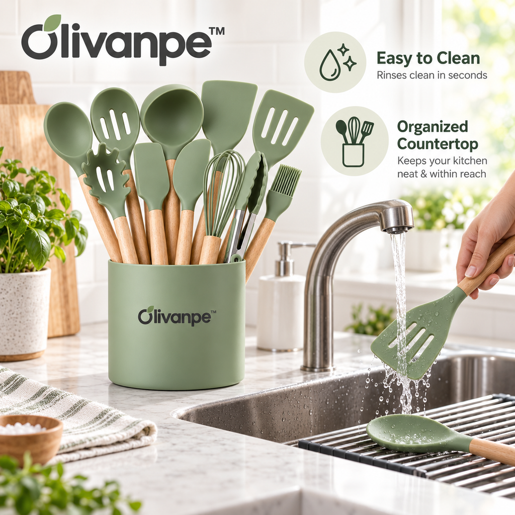 Olivanpe™ 14-Piece Heat-Resistant Silicone Kitchen Utensil Set with Storage Holder