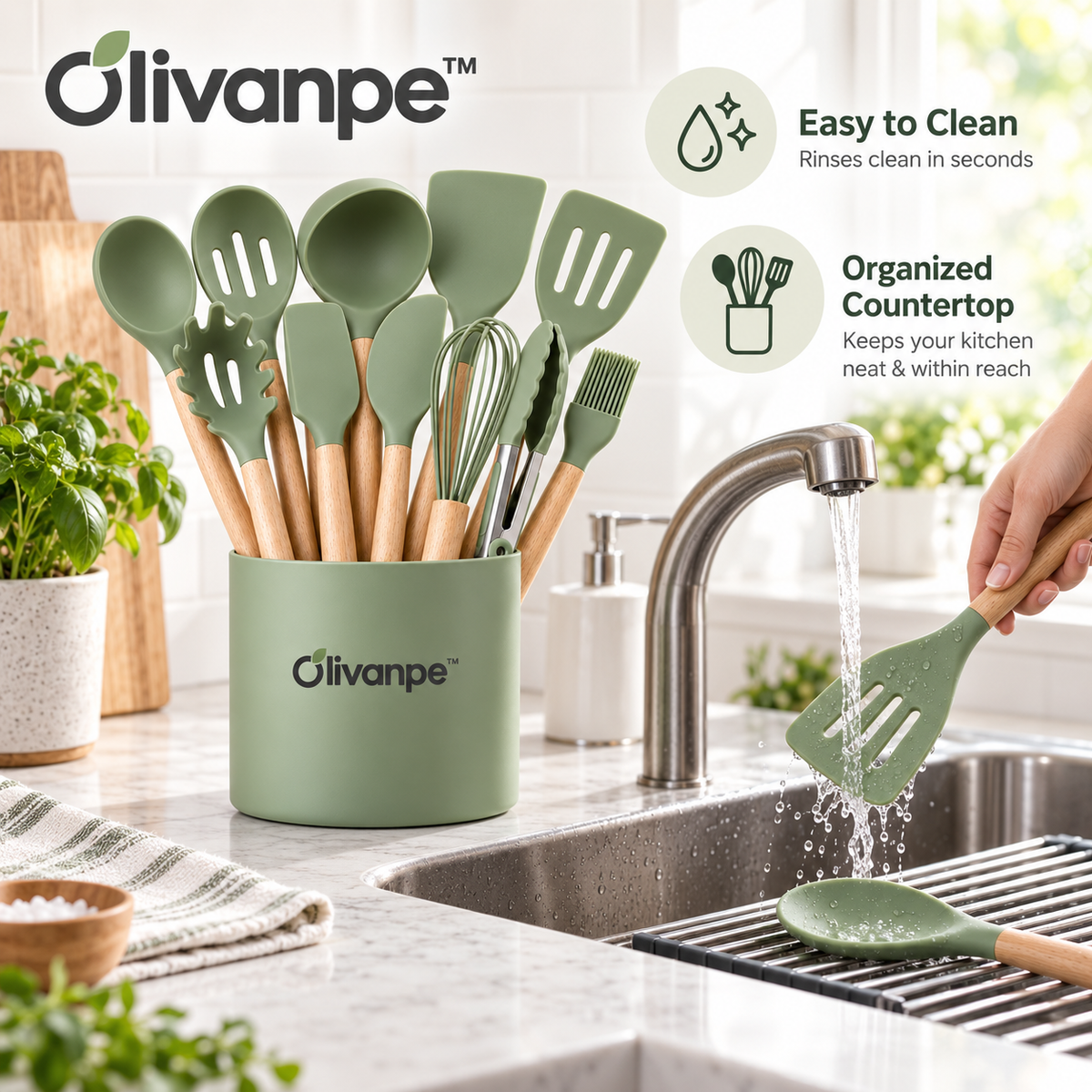 Olivanpe™ 14-Piece Heat-Resistant Silicone Kitchen Utensil Set with Storage Holder